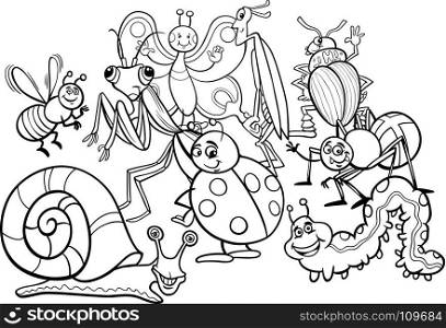 Black and White Cartoon Illustration of Insects and Bugs Animal Comic Characters Group Coloring Book