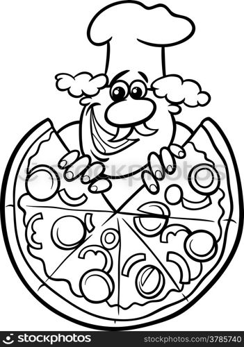 Black and White Cartoon Illustration of Italian Cook or Chef with Big Pizza for Coloring Book