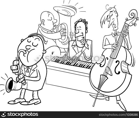 Black and White Cartoon Illustration of Jazz Musicians Band Playing a Concert Coloring Book