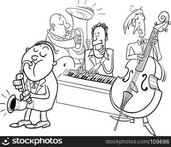 Black and White Cartoon Illustration of Jazz Musicians Band Playing a Concert Coloring Book