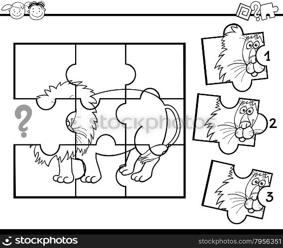 Black and White Cartoon Illustration of Jigsaw Puzzle Education Game for Preschool Children with Lion for Coloring
