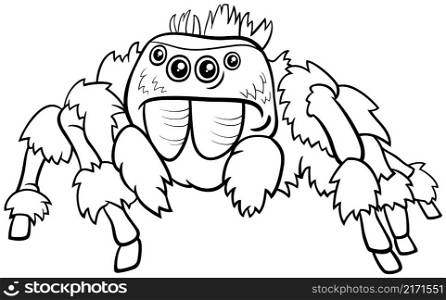Black and white cartoon illustration of jumping spider insect animal character coloring book page