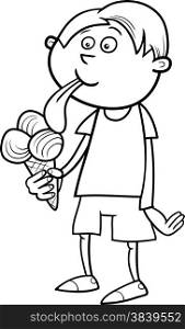 Black and White Cartoon Illustration of Kid Boy Eating Ice Cream for Coloring Book