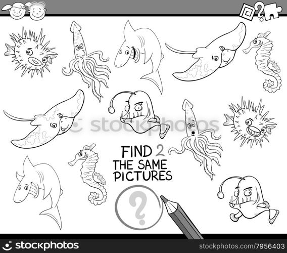 Black and White Cartoon Illustration of Kindergarten Educational Game for Preschool Children with Sea Animals Coloring Page