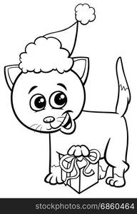 Black and White Cartoon Illustration of Kitten Animal Character with Present on Christmas Time Coloring Book