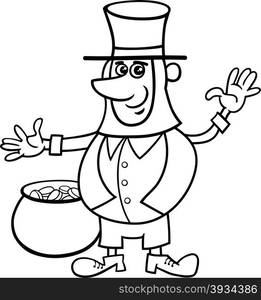 Black and White Cartoon Illustration of Leprechaun on Saint Patrick Day with Pot of Golden Coins for Coloring Book