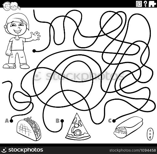 Black and White Cartoon Illustration of Lines Maze Puzzle Activity Game with Boy Character and Food Objects Coloring Book Page