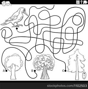 Black and White Cartoon Illustration of Lines Maze Puzzle Activity Game with Woodpecker Bird Animal Character and Trees Coloring Book Page