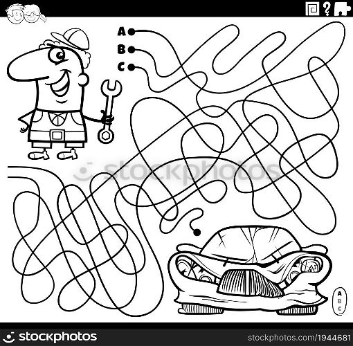 Black and white cartoon illustration of lines maze puzzle game with car mechanic character and broken car coloring book page