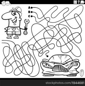 Black and white cartoon illustration of lines maze puzzle game with car mechanic character and broken car coloring book page