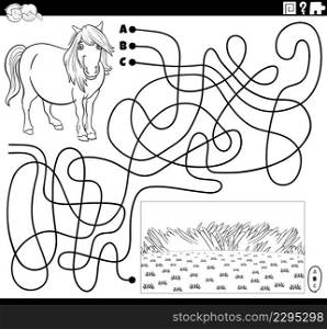 Black and white cartoon illustration of lines maze puzzle game with comic horse farm animal character and pasture coloring book page