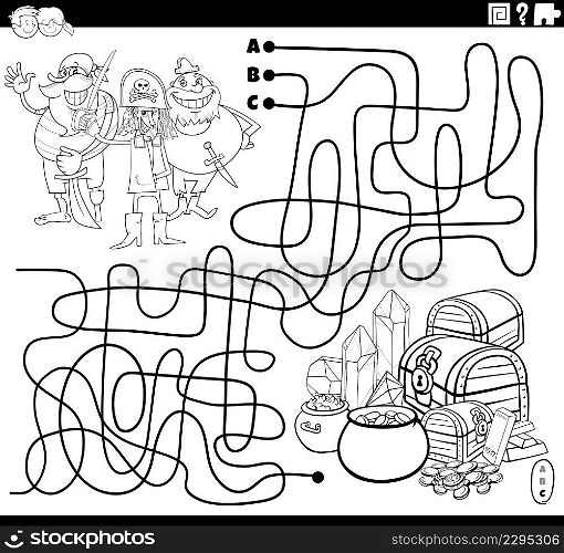 Black and white cartoon illustration of lines maze puzzle game with comic pirates characters and treasure coloring book page