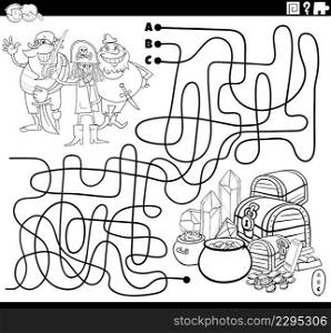 Black and white cartoon illustration of lines maze puzzle game with comic pirates characters and treasure coloring book page