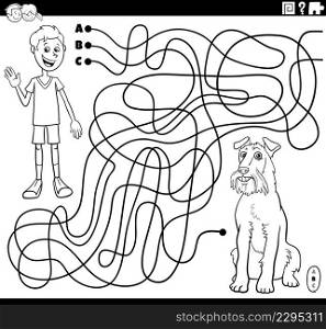 Black and white cartoon illustration of lines maze puzzle game with comic boy character and his dog coloring book page