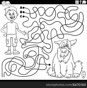 Black and white cartoon illustration of lines maze puzzle game with comic boy character and his dog coloring page