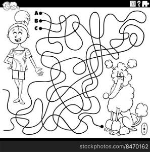 Black and white cartoon illustration of lines maze puzzle game with comic teen girl character and her dog coloring page