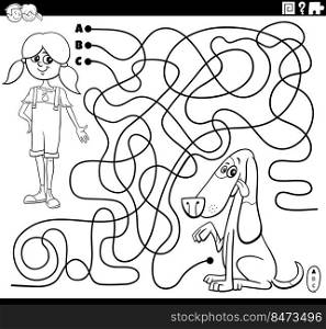Black and white cartoon illustration of lines maze puzzle game with comic girl character and her dog coloring page