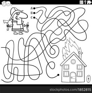 Black and white cartoon illustration of lines maze puzzle game with firefighter character and burning house coloring book page
