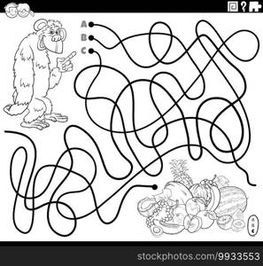 Black and white cartoon illustration of lines maze puzzle game with gorilla character and fruits coloring book page