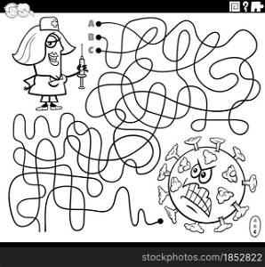 Black and white cartoon illustration of lines maze puzzle game with nurse character with vaccine and virus coloring book page