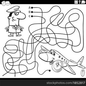 Black and white cartoon illustration of lines maze puzzle game with pilot character and airplane coloring book page