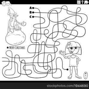 Black and white cartoon illustration of lines maze puzzle game with Santa Claus character with sack of present and happy girl on Christmas time coloring book page