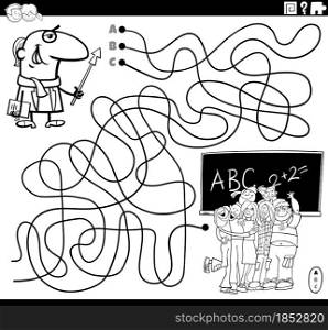 Black and white cartoon illustration of lines maze puzzle game with teacher character and students in classroom coloring book page