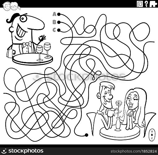 Black and white cartoon illustration of lines maze puzzle game with waiter character and couple in restaurant coloring book page