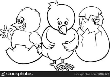 Black and White Cartoon Illustration of Little Chickens Characters Hatching from Eggs Coloring Book