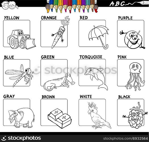 Black and White Cartoon Illustration of Main Colors Educational Workbook Set for Children with Comic Characters