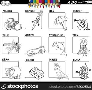 Black and White Cartoon Illustration of Main Colors Educational Workbook Set for Children with Comic Characters