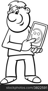 Black and White Cartoon Illustration of Man Drawing Smile on Tablet PC for Coloring Book