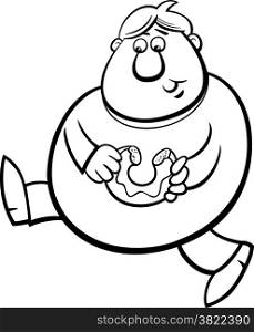 Black and White Cartoon Illustration of Man Eating Donut Cake for Coloring Book