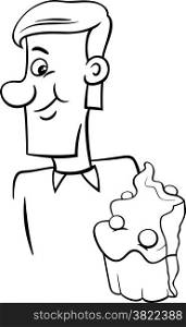 Black and White Cartoon Illustration of Man Eating Tasty Cupcake for Coloring Book