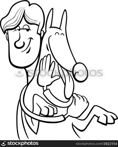 Black and White Cartoon Illustration of Man Giving a Hug to his Dog for Coloring Book