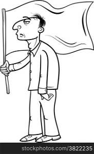 Black and White Cartoon Illustration of Man Holding a Flag