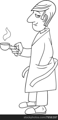 Black and White Cartoon illustration of Man in Bathrobe with Cup of Coffee for Coloring Book