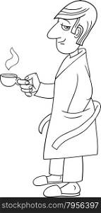 Black and White Cartoon illustration of Man in Bathrobe with Cup of Coffee for Coloring Book