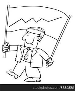 Black and White Cartoon Illustration of Man or Businessman Character Holding Banner with Chart