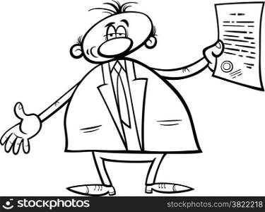 Black and White Cartoon Illustration of Man or Businessman in Suit with Diploma or Certificate for Coloring Book