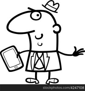 Black and White Cartoon Illustration of Man or Businessman with Tablet PC or Mobile Phone