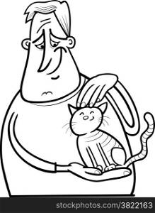 Black and White Cartoon Illustration of Man Stroking his Cat or Kitten for Coloring Book