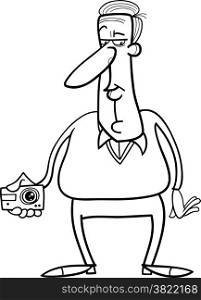 Black and White Cartoon Illustration of Man Taking Photo from hidden Camera