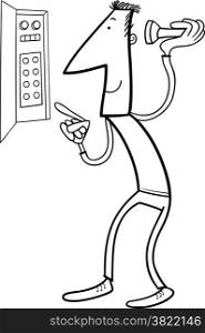 Black and White Cartoon Illustration of Man Trying to Fix Electricity Failure for Coloring Book