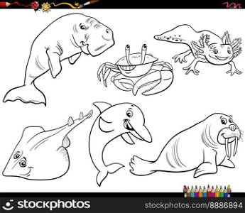 Black and white cartoon Illustration of marine animal characters set coloring page