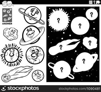 Black and White Cartoon Illustration of Match Objects and the Right Shape or Silhouette with Celestial Bodies Educational Game for Children Coloring Book Page