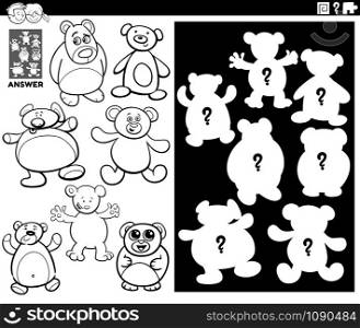 Black and White Cartoon Illustration of Match Objects and the Right Shape or Silhouette with Teddy Bears Plush Toys Educational Game for Children Coloring Book Page