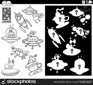Black and White Cartoon Illustration of Match Objects and the Right Shape or Silhouette with Ufo and Alien Characters Educational Game for Children Coloring Book Page