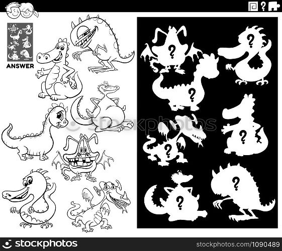 Black and White Cartoon Illustration of Match Objects and the Right Shape or Silhouette with Dragons Fantasy Characters Educational Game for Children Coloring Book Page