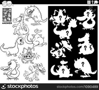 Black and White Cartoon Illustration of Match Objects and the Right Shape or Silhouette with Dragons Fantasy Characters Educational Game for Children Coloring Book Page